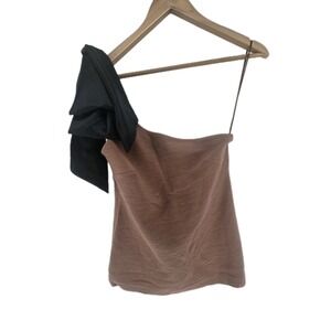 Anthropologie Maeve Bow One Shoulder Top Small Tan Brown‎ Coquette Shirt